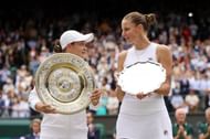 Ashleigh Barty (L) and Karolina Pliskova after the 2021 Wimbledon final